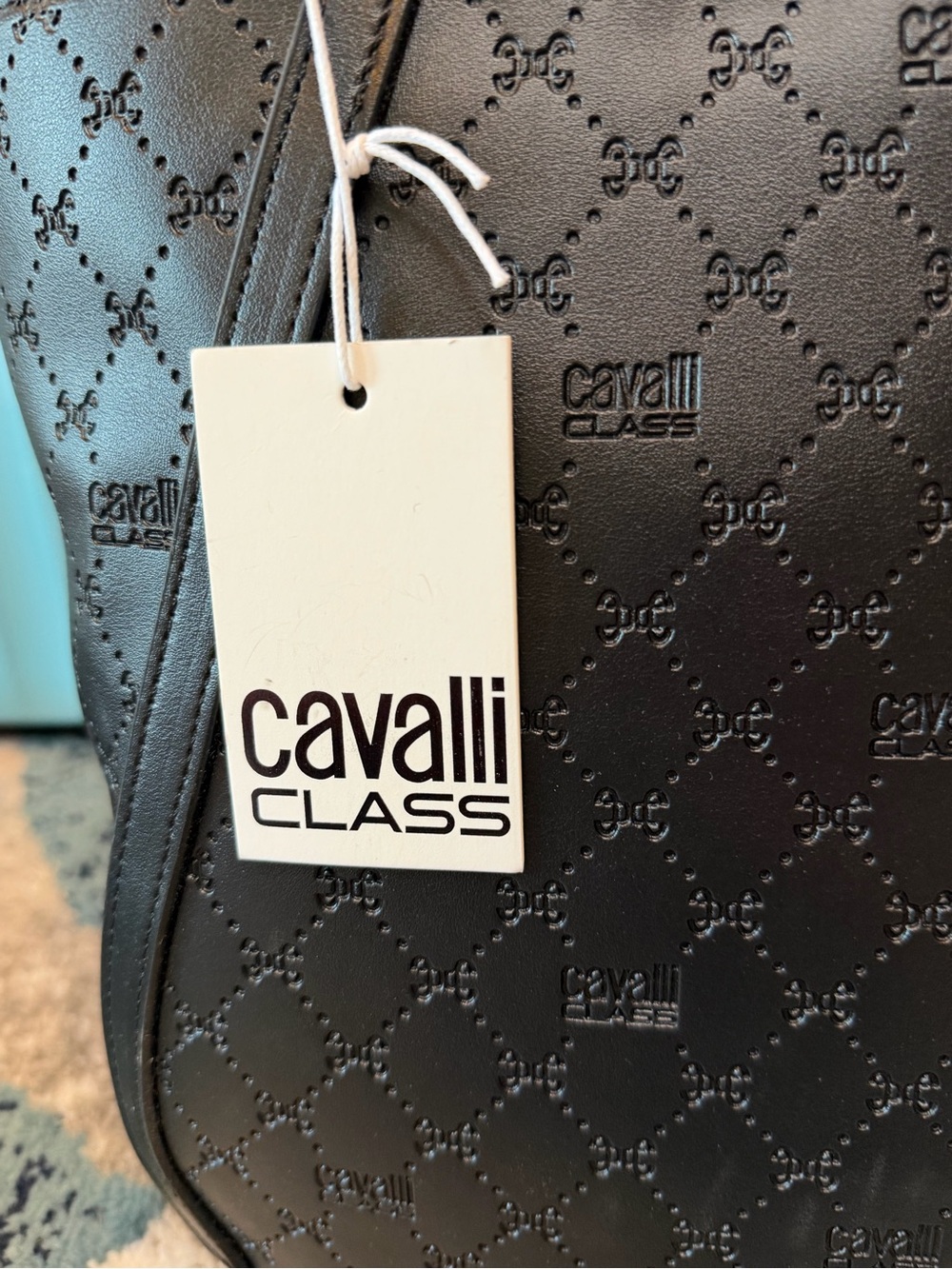 Cavalli Class Sandra Shopper Tote Black Deboss Gold Logo NWT - Picture 7 of 8